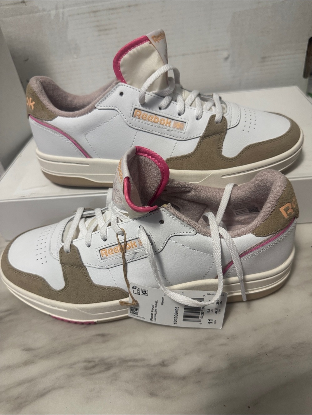 Reebok White Sneakers with Beige Suede and Pink Accents